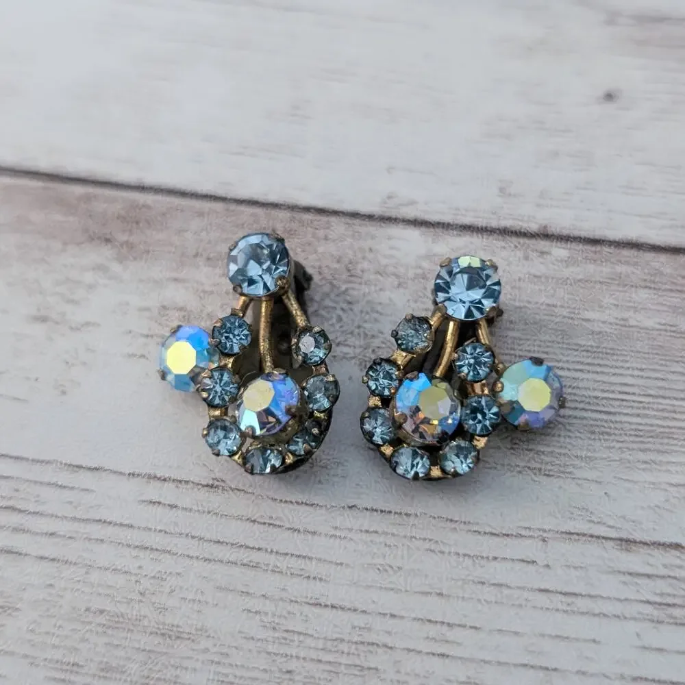 Vintage Clip On Earrings Iridescent Blue - Heavy Tarnish